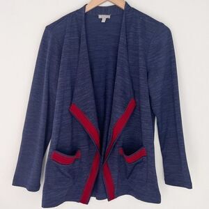 T By Talbots Medium P Open Front Knit Cardigan Navy Blue Red Drape Career Casual